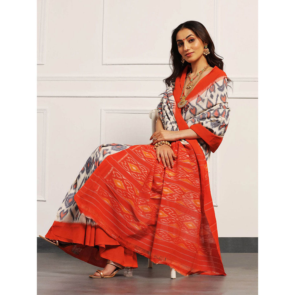 Aditri Orange Handloom Ikat On Gas Saree with Unstitched Blouse