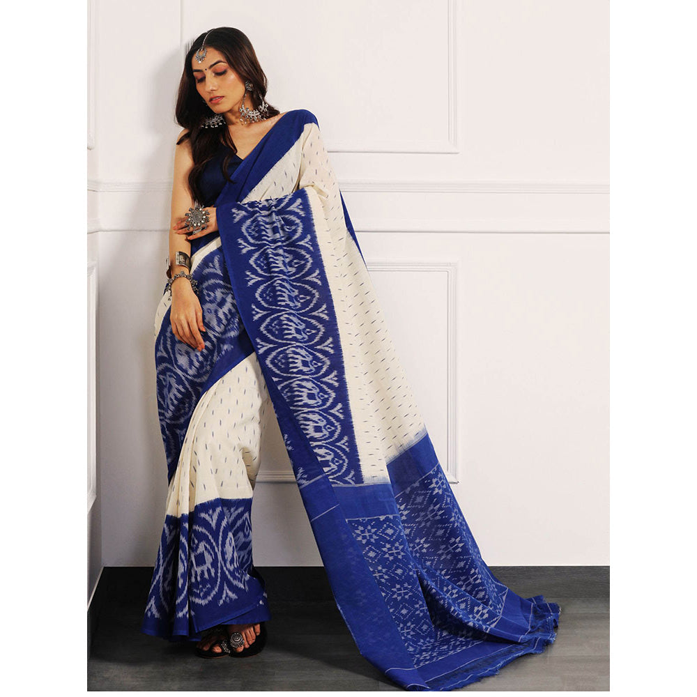 Aditri Blue Handloom Ikat On Saree with Unstitched Blouse