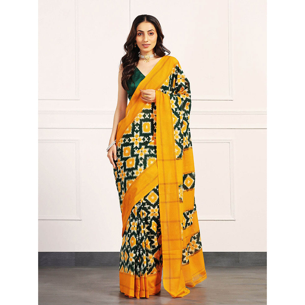 Aditri Yellow Handloom Double Ikat Telia Rumal Saree with Unstitched Blouse