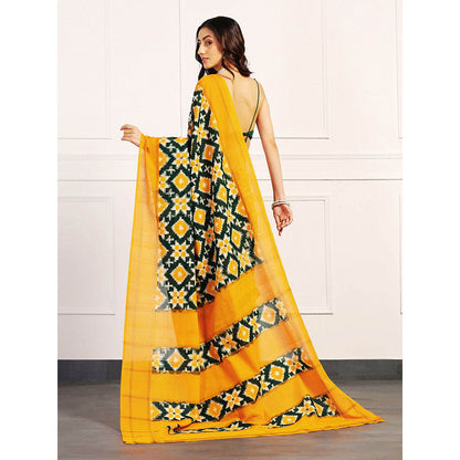 Aditri Yellow Handloom Double Ikat Telia Rumal Saree with Unstitched Blouse