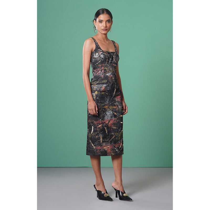 Advait Charcoal Kage Embellished and Embroidered Dress