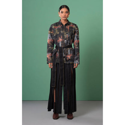 Advait Black Kage Printed Shirt with Belt (Set of 2)