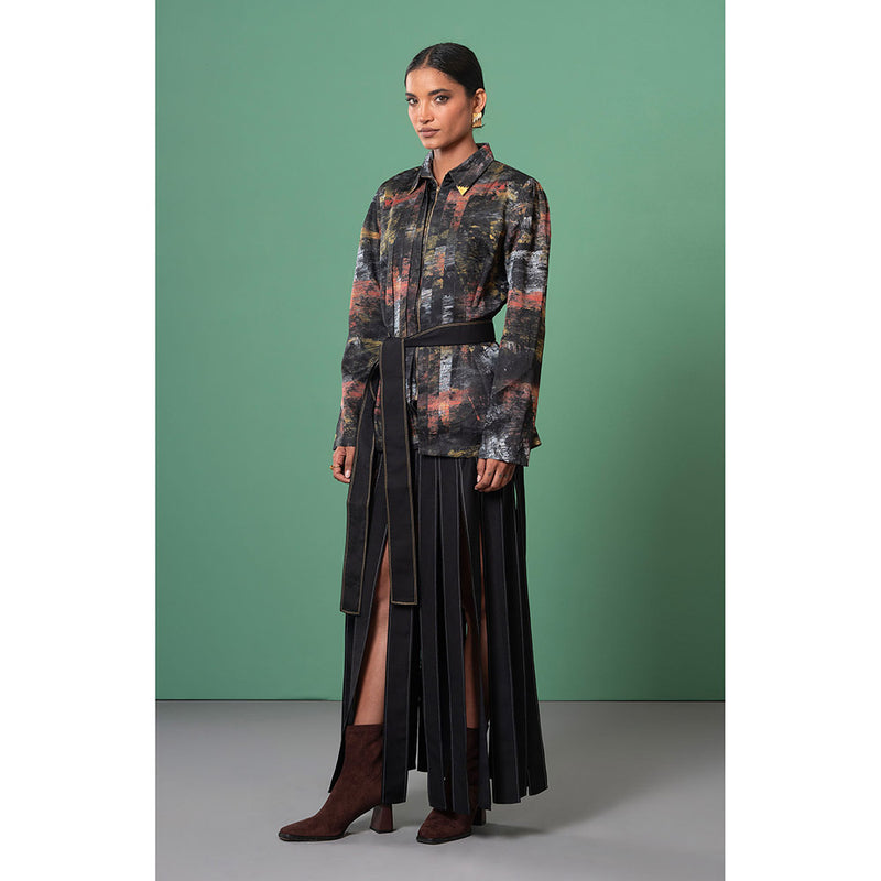 Advait Black Kage Printed Shirt with Belt (Set of 2)