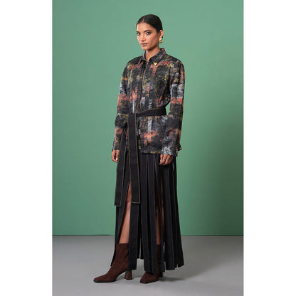 Advait Black Kage Printed Shirt with Belt (Set of 2)