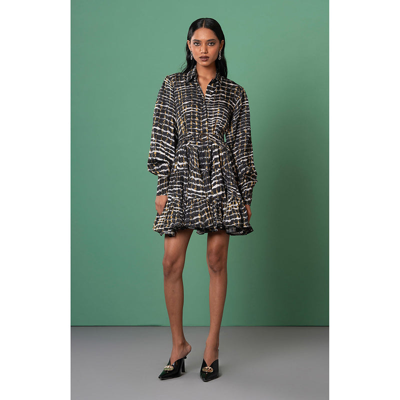 Advait Black Sumi Printed Dress with Belt (Set of 2)