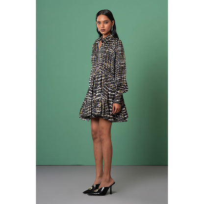 Advait Black Sumi Printed Dress with Belt (Set of 2)