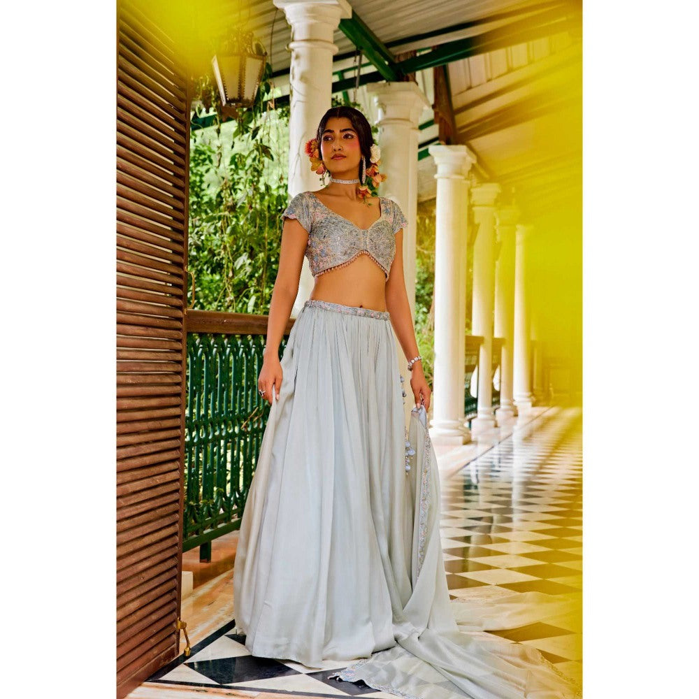 1999AD Grey Organza Lehenga With Blouse And Dupatta (Set of 3)