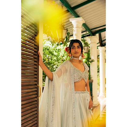 1999AD Grey Organza Lehenga With Blouse And Dupatta (Set of 3)