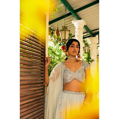 1999AD Grey Organza Lehenga With Blouse And Dupatta (Set of 3)