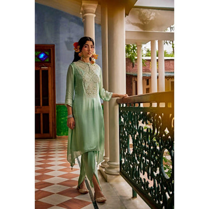 1999AD Sea-Green Asymmetrical Kurta With Dhoti (Set of 2)