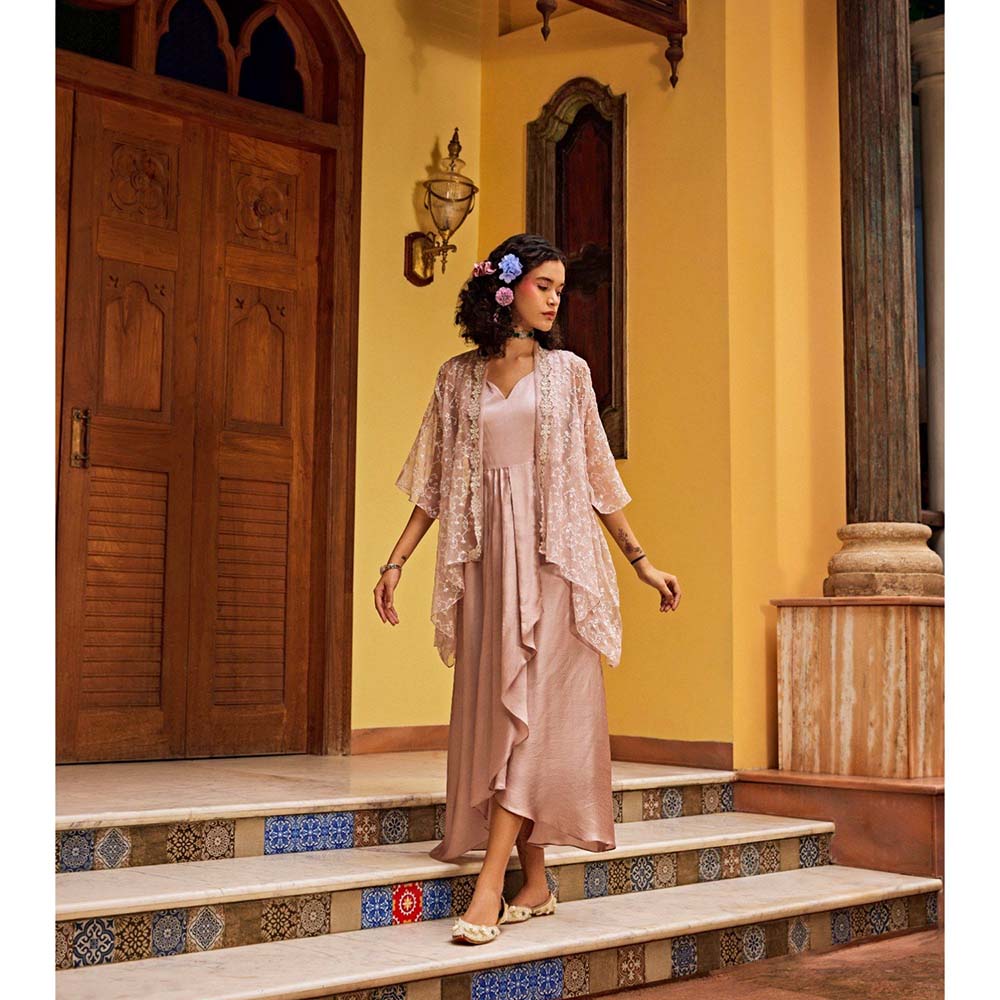 1999AD Rose Pink Sheer Embroidered Cape With Dress (Set of 2)