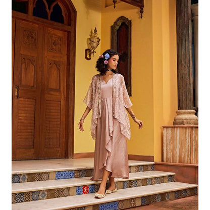 1999AD Rose Pink Sheer Embroidered Cape With Dress (Set of 2)