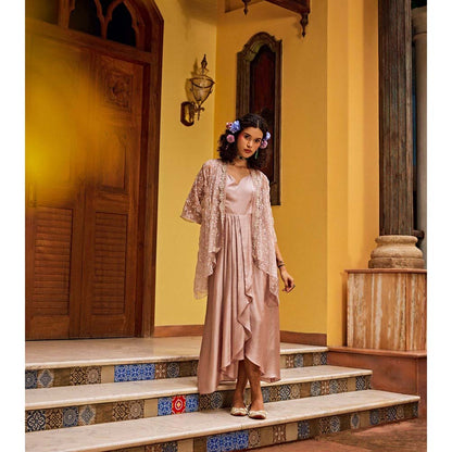 1999AD Rose Pink Sheer Embroidered Cape With Dress (Set of 2)