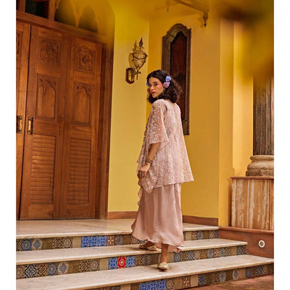 1999AD Rose Pink Sheer Embroidered Cape With Dress (Set of 2)