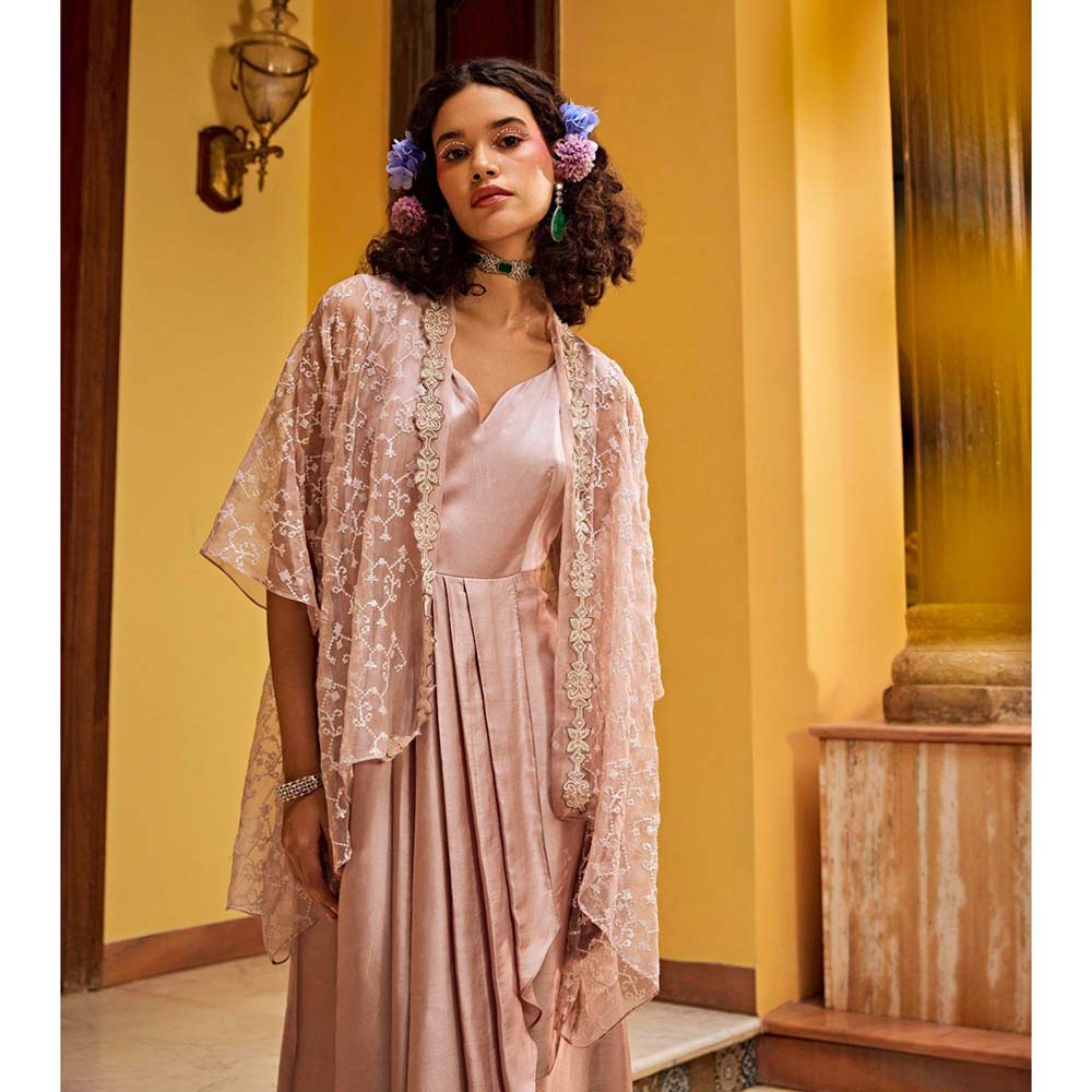 1999AD Rose Pink Sheer Embroidered Cape With Dress (Set of 2)