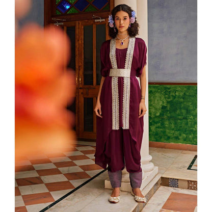 1999AD Wine Satin Embellished Jacket With Pant And Belt (Set of 3)