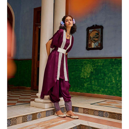 1999AD Wine Satin Embellished Jacket With Pant And Belt (Set of 3)