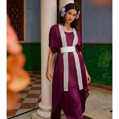 1999AD Wine Satin Embellished Jacket With Pant And Belt (Set of 3)