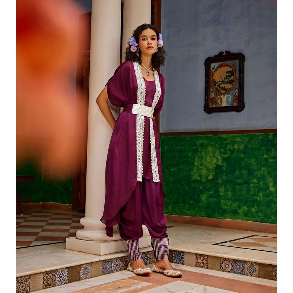 1999AD Wine Satin Embellished Jacket With Pant And Belt (Set of 3)