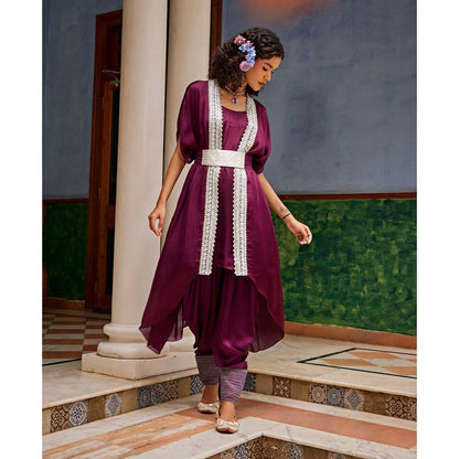 1999AD Wine Satin Embellished Jacket With Pant And Belt (Set of 3)