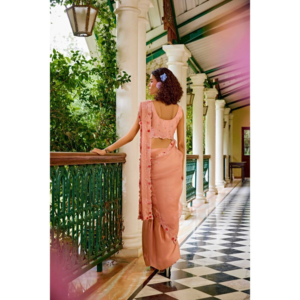 1999AD Peach Pre-Stitched Saree With Stitched Blouse