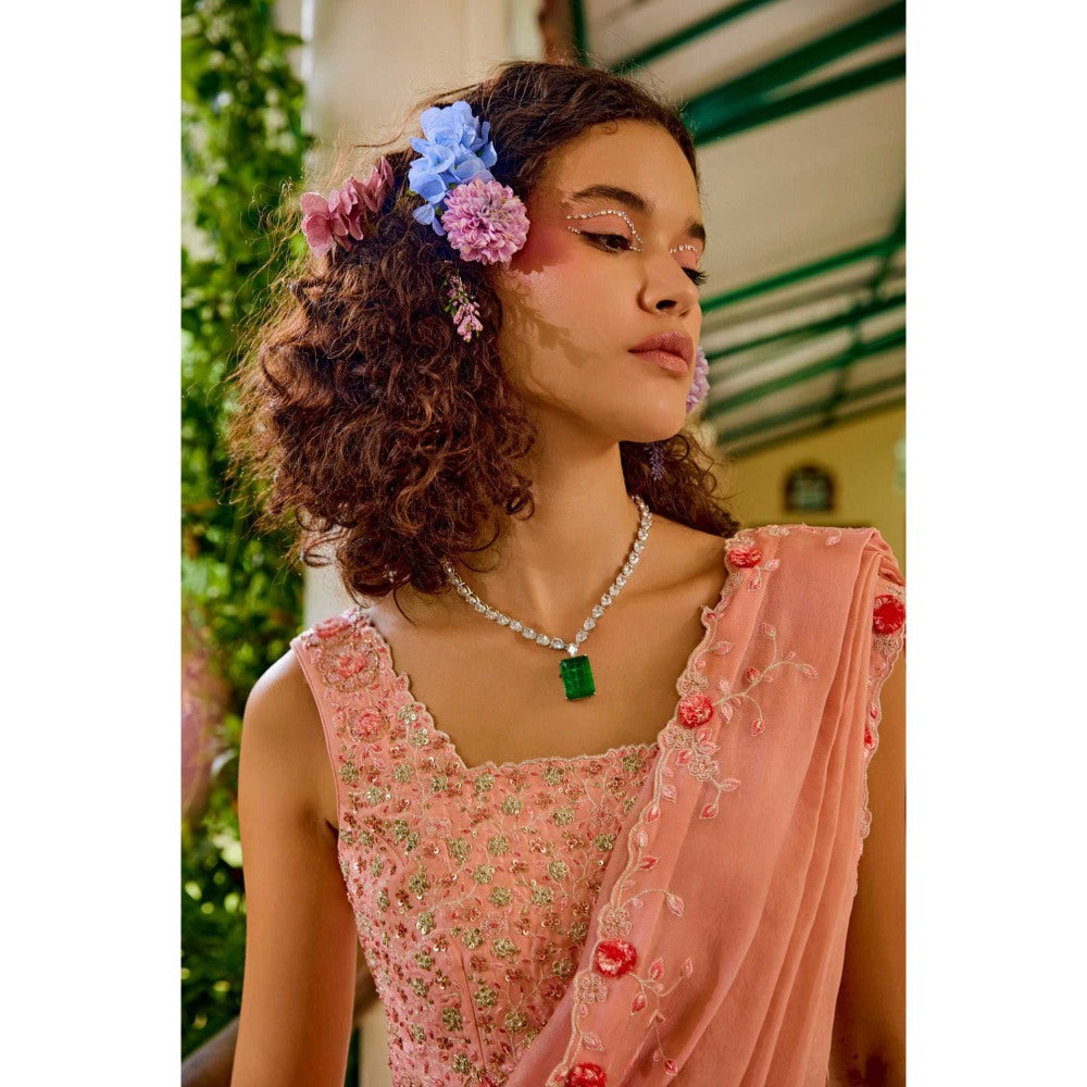 1999AD Peach Pre-Stitched Saree With Stitched Blouse