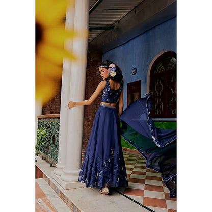 1999AD Dark Blue Floral Lehenga With Blouse And Dupatta (Set of 3)