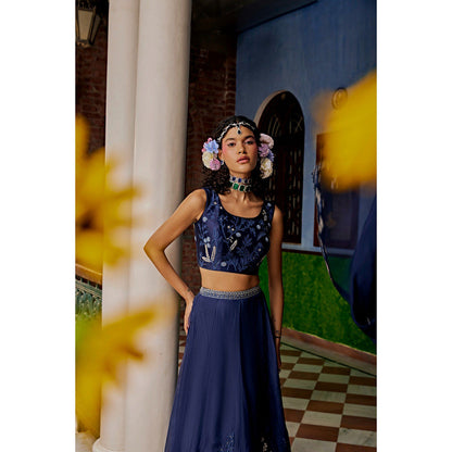 1999AD Dark Blue Floral Lehenga With Blouse And Dupatta (Set of 3)