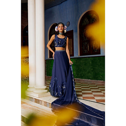 1999AD Dark Blue Floral Lehenga With Blouse And Dupatta (Set of 3)