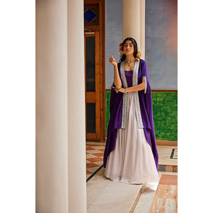 1999AD Purple Crop Top With Lehenga And Jacket (Set of 3)
