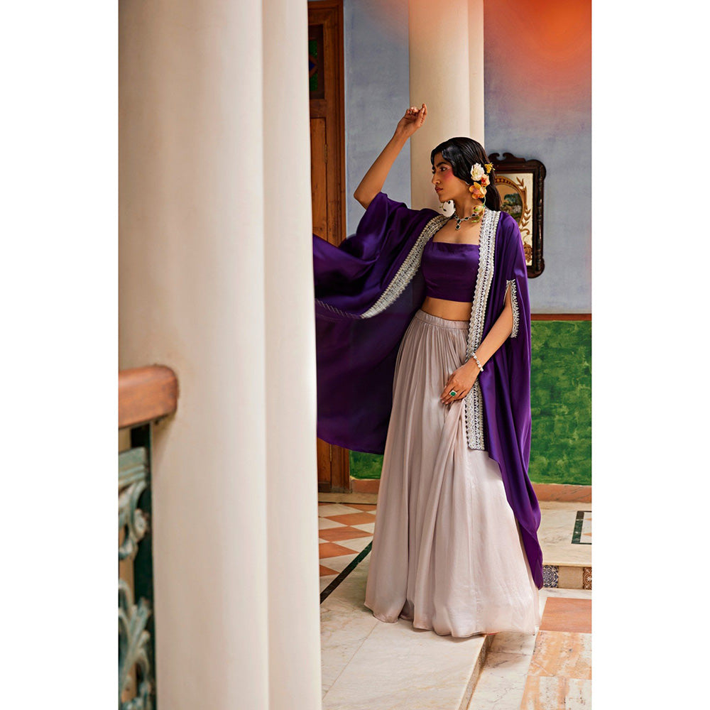 1999AD Purple Crop Top With Lehenga And Jacket (Set of 3)