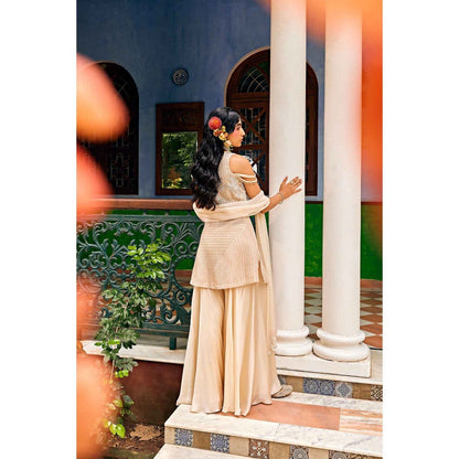 1999AD Beige V Neck Sharara with Kurta and Dupatta (Set of 3)