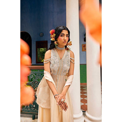 1999AD Beige V Neck Sharara with Kurta and Dupatta (Set of 3)