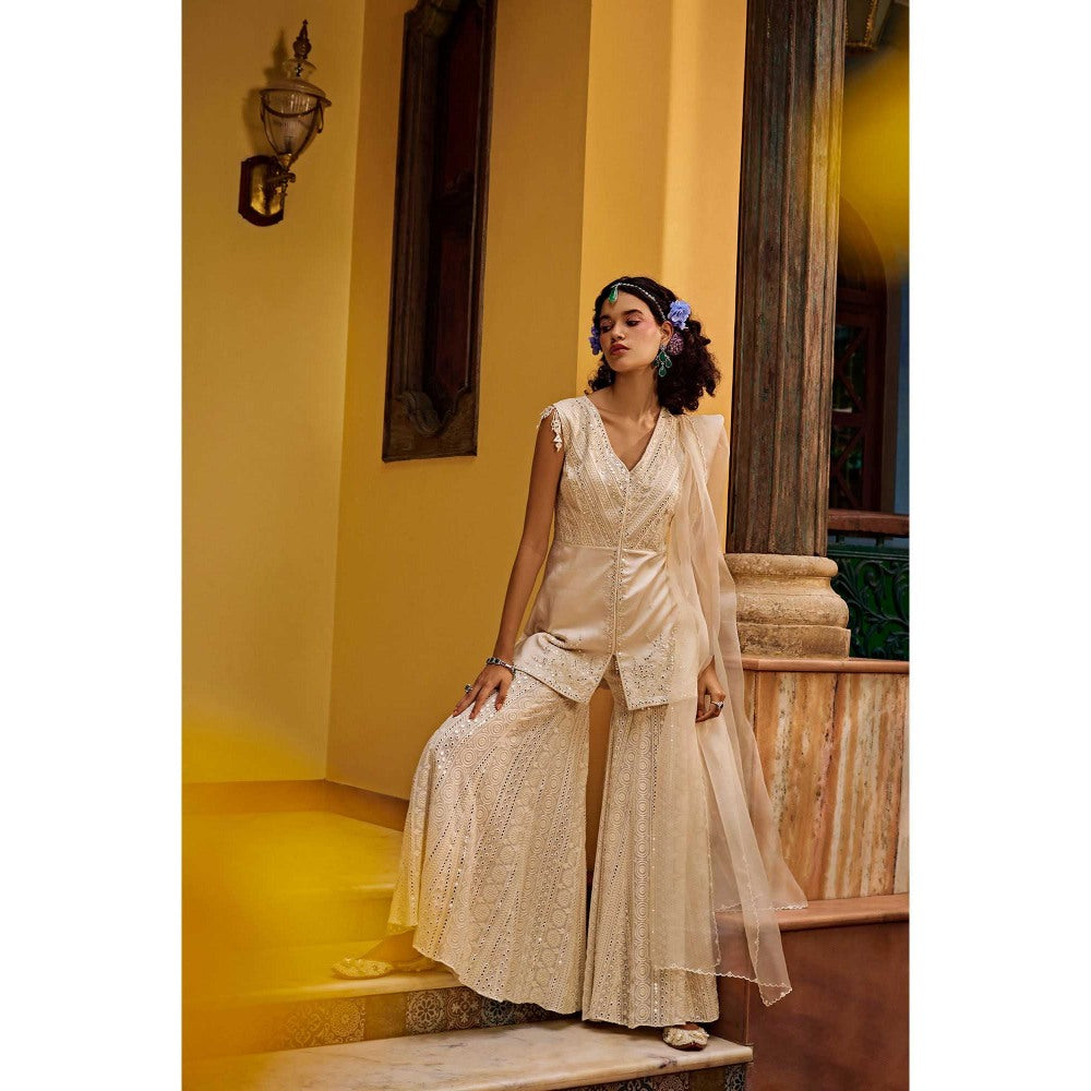 1999AD Beige Embroidered Sharara with Kurta and Dupatta (Set of 3)