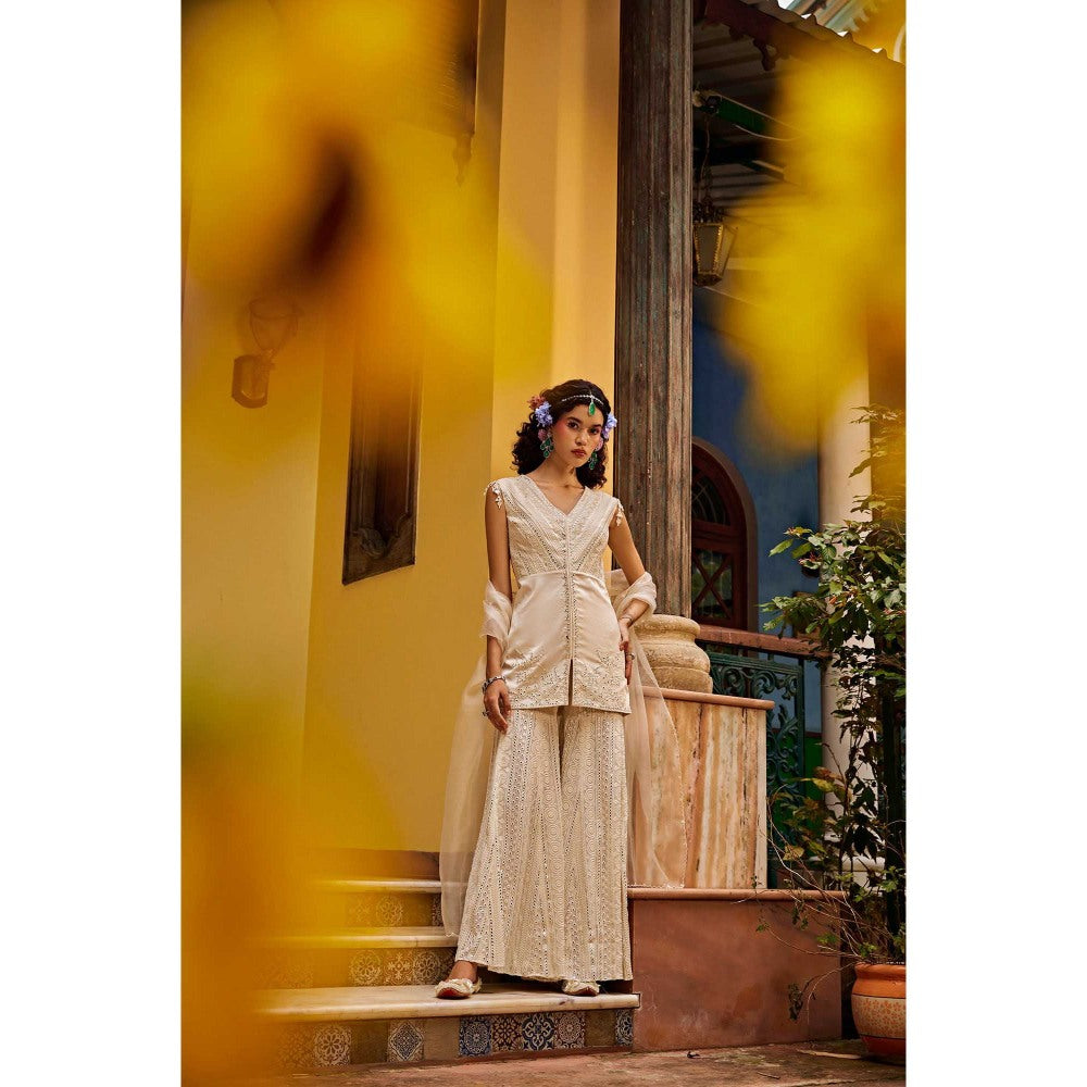 1999AD Beige Embroidered Sharara with Kurta and Dupatta (Set of 3)