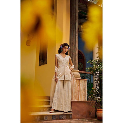 1999AD Beige Embroidered Sharara with Kurta and Dupatta (Set of 3)