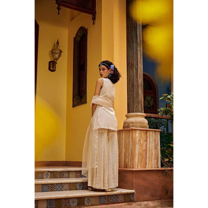 1999AD Beige Embroidered Sharara with Kurta and Dupatta (Set of 3)