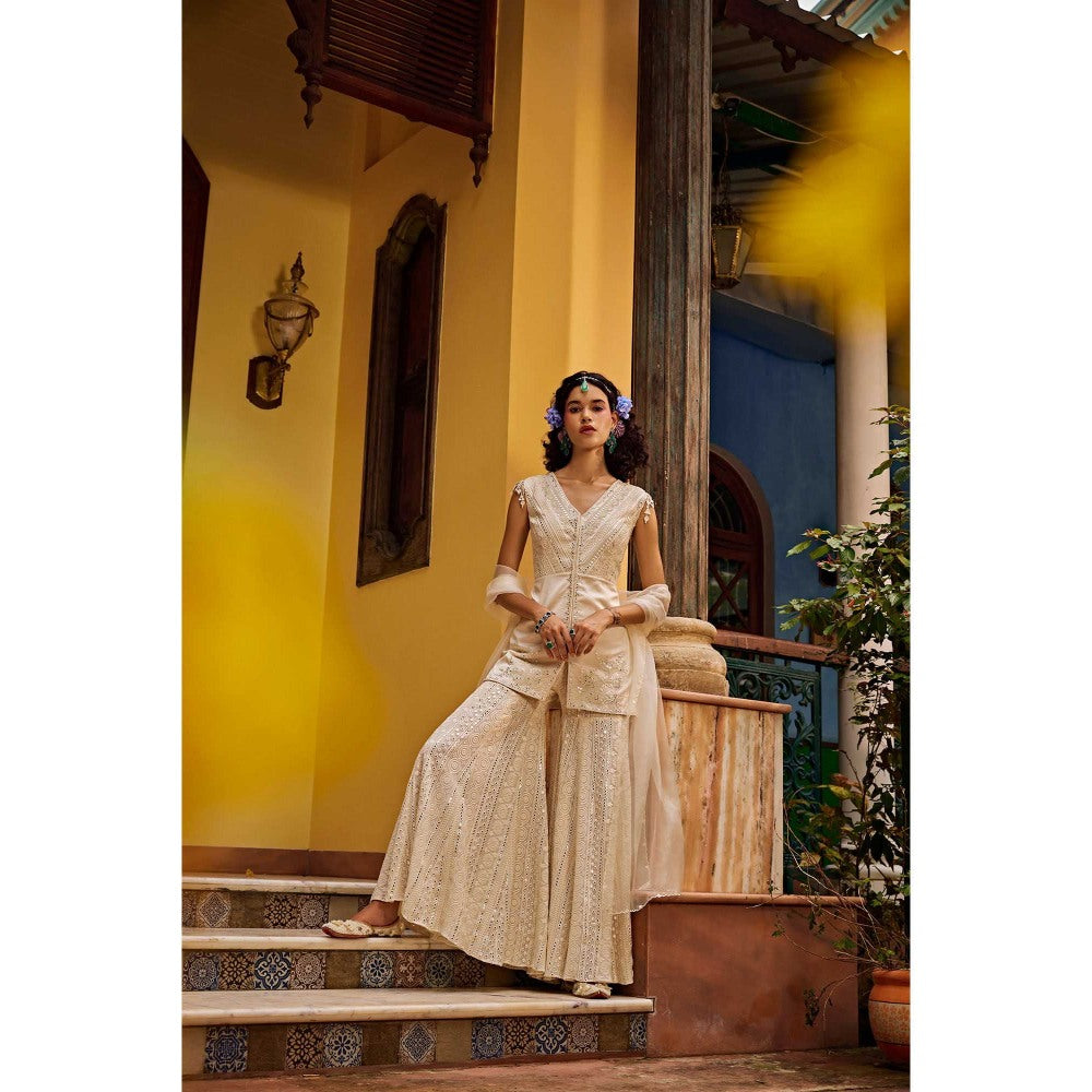 1999AD Beige Embroidered Sharara with Kurta and Dupatta (Set of 3)