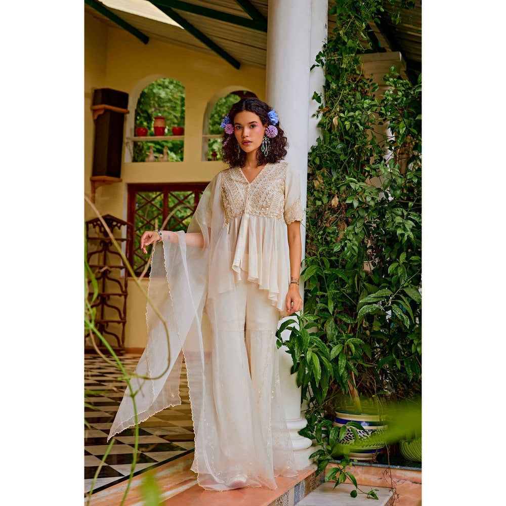 1999AD Light Beige Embroidered Sharara with Top and Dupatta (Set of 3)