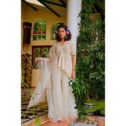 1999AD Light Beige Embroidered Sharara with Top and Dupatta (Set of 3)