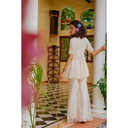 1999AD Light Beige Embroidered Sharara with Top and Dupatta (Set of 3)