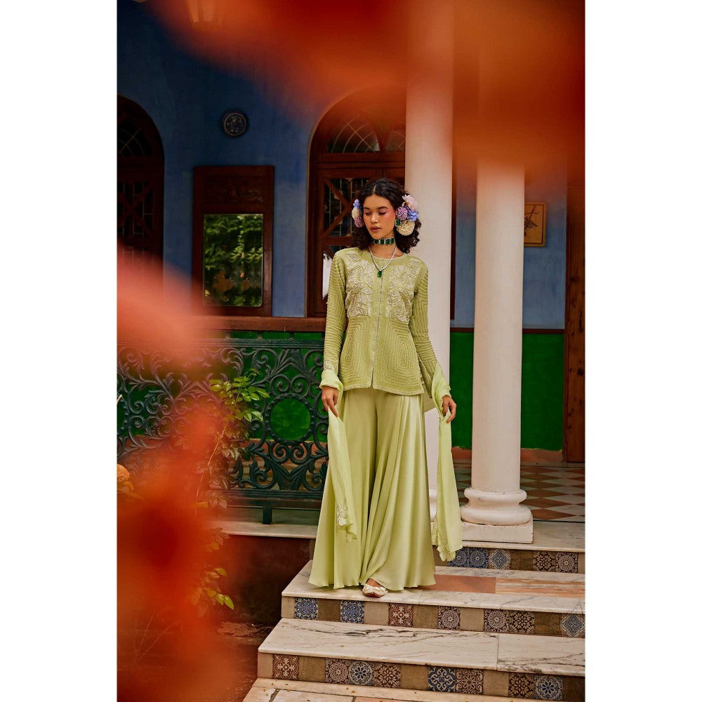 1999AD Mint Green Embellished Jacket with Sharara and Dupatta (Set of 3)