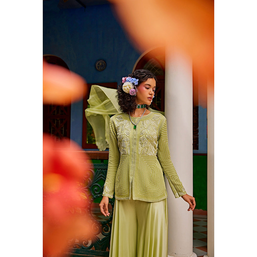 1999AD Mint Green Embellished Jacket with Sharara and Dupatta (Set of 3)