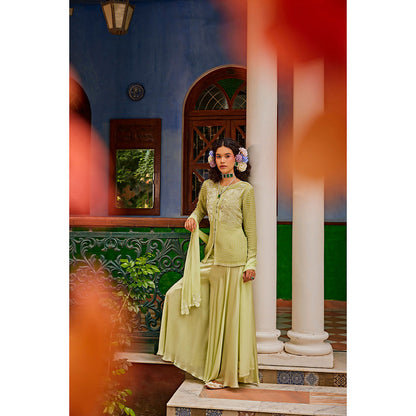 1999AD Mint Green Embellished Jacket with Sharara and Dupatta (Set of 3)