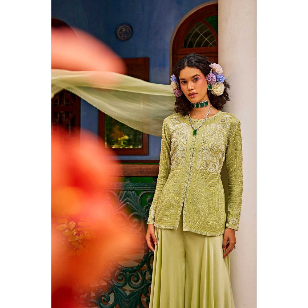 1999AD Mint Green Embellished Jacket with Sharara and Dupatta (Set of 3)