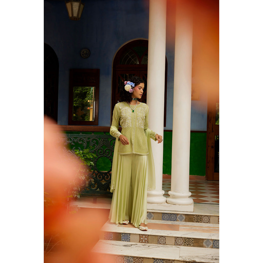 1999AD Mint Green Embellished Jacket with Sharara and Dupatta (Set of 3)