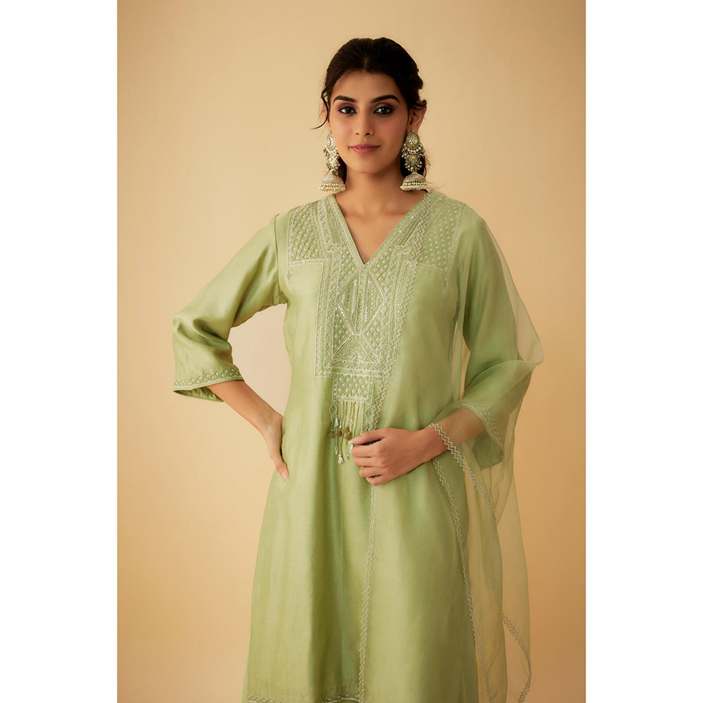 1999AD Green Chanderi Silver Zari Embroidery Kurti with Sharara and Dupatta (Set of 3)