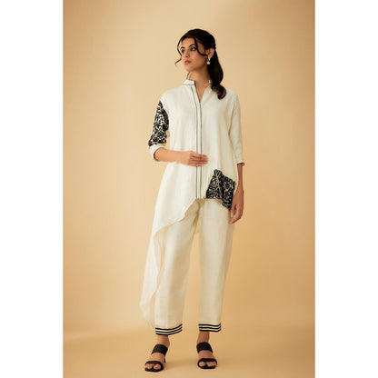 1999AD White Chanderi Tribal Embroidery Kurti with Pant (Set of 2)