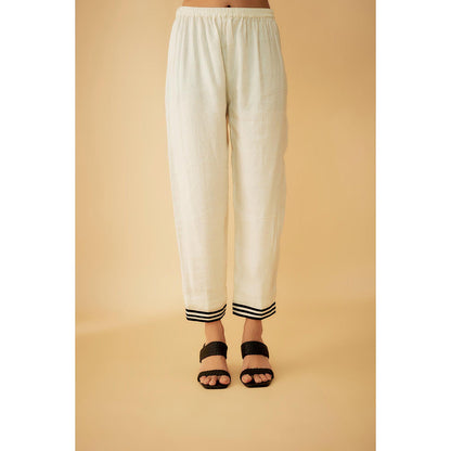 1999AD White Chanderi Tribal Embroidery Kurti with Pant (Set of 2)