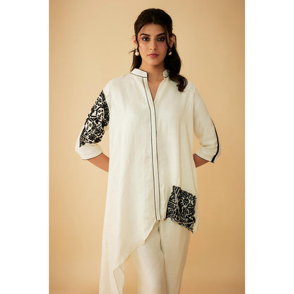 1999AD White Chanderi Tribal Embroidery Kurti with Pant (Set of 2)